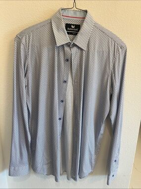 Buttercloth white and blue geometric long sleeve dress shirt